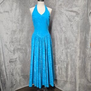 CC Fashions Hawaii Blue Floral Halter Maxi Hula Dress Size 0 Muumuu Basque Waist